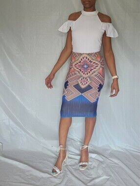 Women's Geometric Tribal Print Bodycon Midi Skirt Blue Multi Color